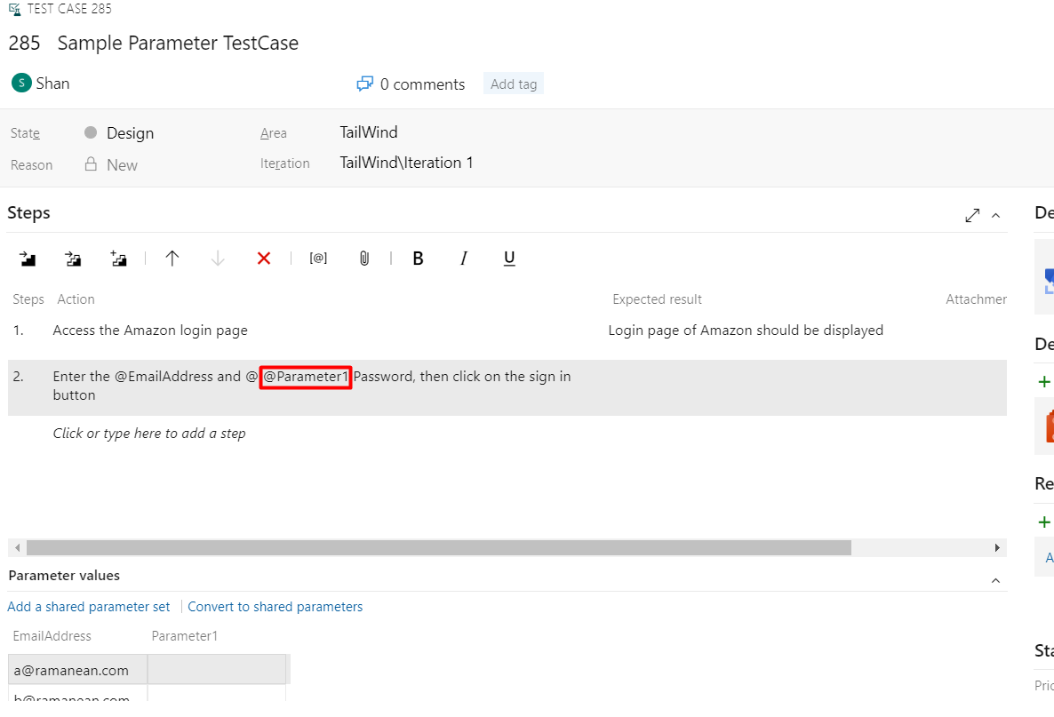 Editing a parameter in the TestCase in Azure TestPlans